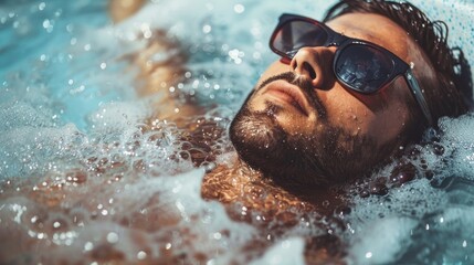 A man is floating in a pool wearing sunglasses and a shirt