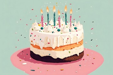 Wall Mural - A drawn illustration of a delicious birthday cake