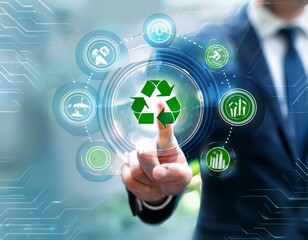 Businessman pointing at green recycle symbol or sign with his finger on digital display screen. Ecology and environment conservation and sustainability concept. Corporate company management 