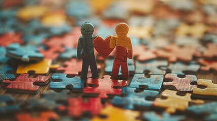 Wall Mural - Two wooden figures together holding heart on puzzle pieces closeup image. People complete each other close up photography. Emotional connection. Love unity concept photo realistic