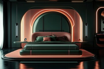 Canvas Print - luxury green bed in futuristic hotel room with sleek furniture featuring black and coral palette 