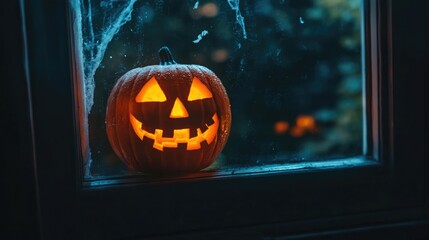 Wall Mural - Halloween pumpkin glowing in window at night with haunting silhouette