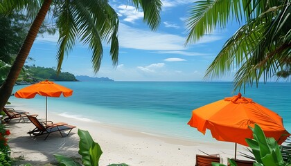 Serene Tropical Beach with Colorful Chairs and Umbrella, Inviting Seascape for Relaxation and Summer Getaways