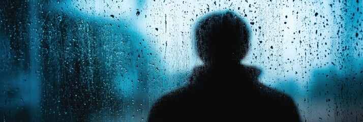 Aufkleber - Through a rain-covered window, a lone figure reflects on life, surrounded by shades of grey and blue in a moment of quiet nostalgia. Generative AI