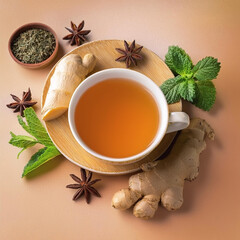 Wall Mural - Herbal tea in a cup with spices, ginger, mint and pastel background