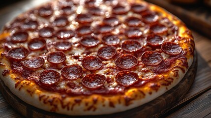 Wall Mural - Golden, fresh pepperoni pizza beckons with melted toppings and warm crust