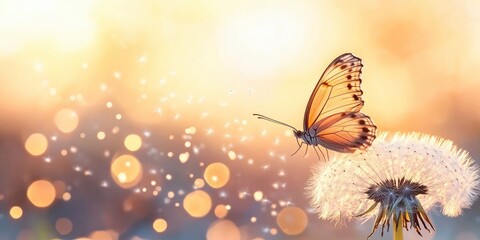 butterfly on wet dandelion with bright blur bokeh background