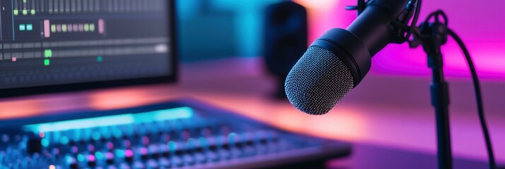 podcast home studio with microphone and audio recording professional mixer on desk, bright blur background