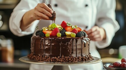 In the kitchen, a pastry chef is creating a cake with chocolate, fruit, and candy.Chocolate cake decoration, cooking classes, baking, and the concepts of food and people are all done by confectioners.