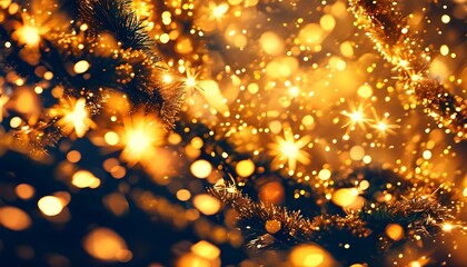 Wall Mural - Magical Golden Christmas Background with Glowing Bokeh and Garland Lights, Festive Abstract Glitter, Blurred Sparkles, Warm Atmosphere for Celebration, Twinkling Stars