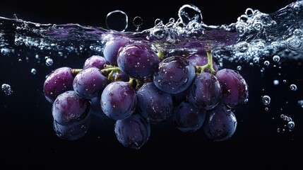 Canvas Print - Purple grapes submerged in water, with bubbles and droplets on the surface, set against a dark background for a dramatic effect.