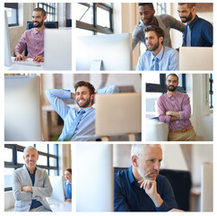 Sticker - Collage, office and portrait of business men with computer in meeting, discussion and brainstorming. Creative company, professional and montage of workers for planning, teamwork and collaboration