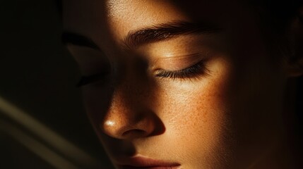 Face with a contemplative expression under soft light and shadows