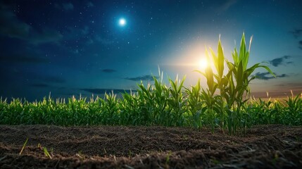 Canvas Print - Sugar cane plantation under the night sky with moonlight reflecting off the fields, sugar cane farming, peaceful agriculture