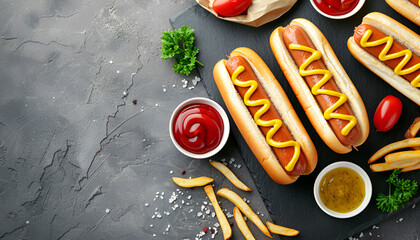 Wall Mural - Delicious hot dogs with mustard and ketchup on grey table, closeup. Space for text