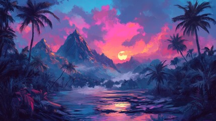 Painting of a jungle landscape in watercolor. Watercolor pattern wallpaper