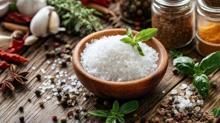 A rustic wooden table with a small bowl of coarse sea salt, surrounded by fresh herbs and spices, highlighting the essential role of salt in enhancing culinary flavors.