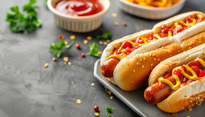 Wall Mural - Delicious hot dogs with mustard and ketchup on grey table, closeup. Space for text