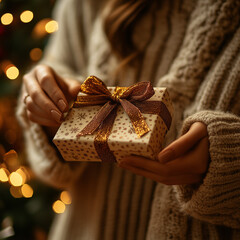 A cozy setting featuring a person holding a beautifully wrapped gift with a sparkling bow, surrounded by warm holiday lights.