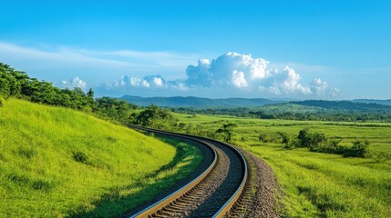 A scenic view of a railway track winding through lush green fields under a clear blue sky, highlighting the beauty of nature and the journey ahead.