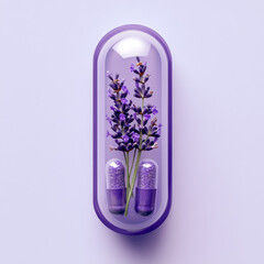 Highquality photography of a capsule with equalsized top and bottom halves the top half of the capsule is solid purple matching the lavender flower inside and the bottom half is transparent revealing