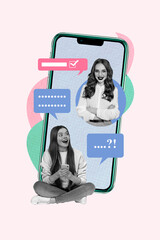 Sticker - Vertical photo image collage smartphone screen device social media textboxes replies attractive businesswoman communication