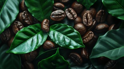 Close up of coffee bean background with leaves, top view. Photorealistic high resolution macro photography for advertising or food design