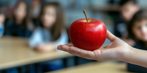 A close-up image of a hand offering a vibrant red apple in a classroom setting. Several students sit in the background, slightly out of focus, adding to the learning environment's atmosphere.