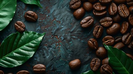 Close up of coffee bean background with leaves, top view. Photorealistic high resolution macro photography for advertising or food design