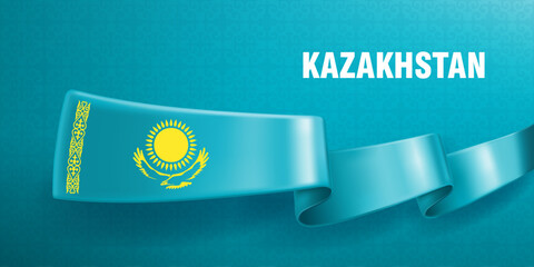 Wall Mural - Waved silk ribbon on a blue background with a traditional kazakh ornament. The sun and the eagle are the symbol of Kazakhstan. Background for greeting card of national holidays in Kazakhstan