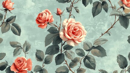 Wall Mural - A retro floral background illustration depicting vintage floral wallpaper in soft pastel hues and delicate floral motifs, capturing the nostalgia and romance of vintage interior design