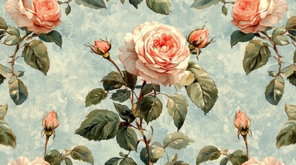 Wall Mural - A retro floral background illustration capturing the nostalgic charm and romantic elegance of vintage interior decor with soft pastel hues and delicate floral motifs