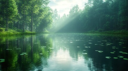 Wall Mural - Serene Forest Lake with Sunbeams: Tranquil Nature Photography