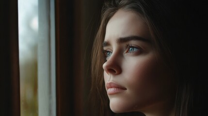 Poster - Portrait of a thoughtful face gazing out a window with a serene expression