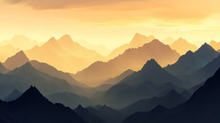 A serene view of a high mountain range with sharp peaks, bathed in the soft golden light of sunrise. Layers of mountains fade into the distance, creating depth and tranquility.