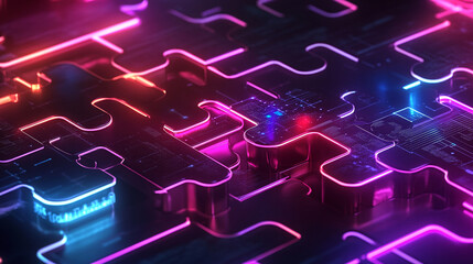 API integration concept with neon puzzle pieces interlocking on a futuristic digital background, emphasizing smooth connectivity and system interoperability