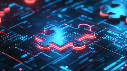 API integration concept with neon puzzle pieces interlocking on a futuristic digital background, emphasizing smooth connectivity and system interoperability