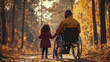 © Екатерина Чумаченко - Happy black african american disabled father in a wheelchair with daughter. Candid dad and child bonding in a nature. Father's Day concept banner. Interracial diverse family. AI generated