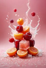 Fresh fruits on pink background copy space fruits beautiful