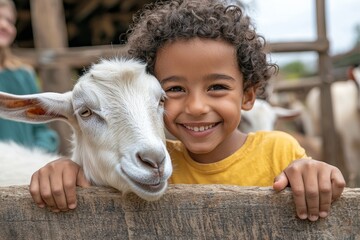 Kids feeding goats in the petting zoo section, smiling and happy, stock photo style