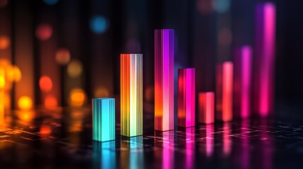 Poster - A vibrant 3D bar graph rising against a dark background, showcasing increasing financial metrics with dynamic lighting and reflections, symbolizing growth and success.
