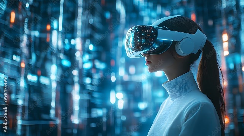 Person wearing a VR headset in a bright futuristic environment with ...