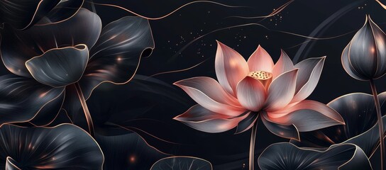 Wall Mural - Line art of golden lotus set against a dark background, luxury gold wallpaper for prints, banners, fabrics, posters, covers, modern illustrations of digital art.