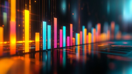 Poster - A vibrant 3D bar graph rising against a dark background, showcasing increasing financial metrics with dynamic lighting and reflections, symbolizing growth and success.