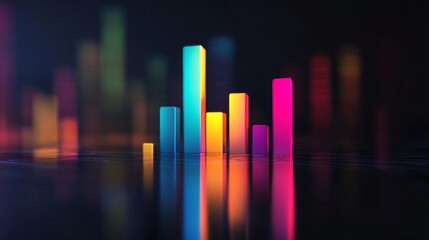 Poster - A vibrant 3D bar graph rising against a dark background, showcasing increasing financial metrics with dynamic lighting and reflections, symbolizing growth and success.