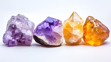 Wall Mural - Macro photography of raw healing crystals, including citrine, rose quartz, and amethyst, set against a white background, emphasizing natural textures and holistic wellness.