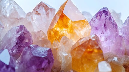 Wall Mural - Macro photography of raw healing crystals, including citrine, rose quartz, and amethyst, set against a white background, emphasizing natural textures and holistic wellness.