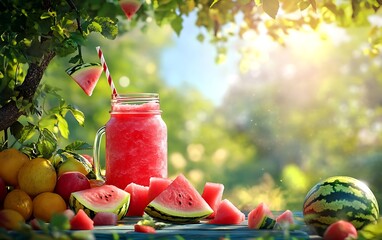 Cold Watermelon Slushie in Mason Jar on Picnic Table Under Tree Shade with Summer Fruits