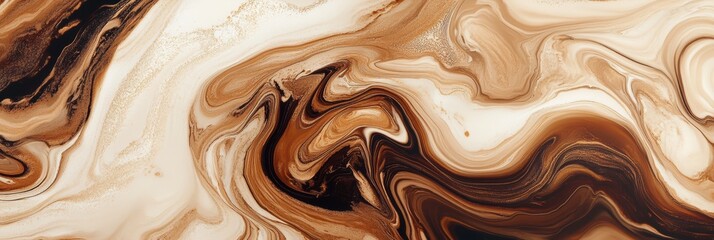 Fototapete - Swirling coffee and cream create a beautiful marbled pattern, showcasing rich tones of brown and white in an abstract composition. Generative AI