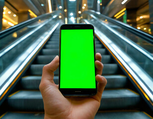 Man holding mobile phone with green screen, smartphone with chromakey display on escalator background, navigation template and layout for app